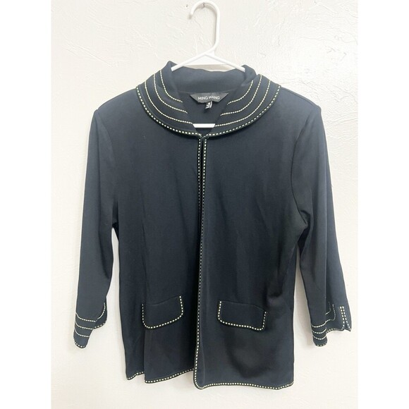 Ming Wang Black w green stitching Cardigan Jacket Travel Acrylic Top Boxy Medium - Picture 1 of 8